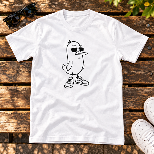 Themed flat-lay photograph of Cool Duck - T-paita with accessories related to its printed design.