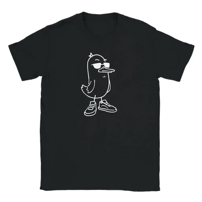 Black T-shirt featuring a duck wearing sunglasses and sneakers.