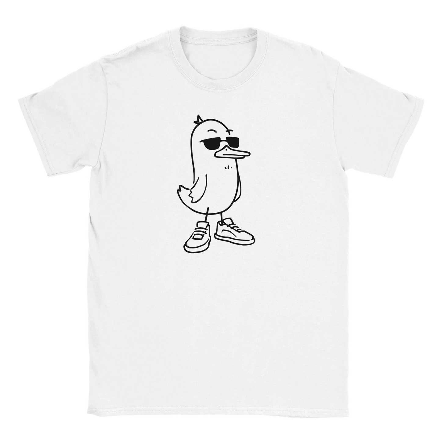 Valkoinen lyhythihainen crewneck T-paita Cool Duck - T-paita, jossa pilakuva ankasta aurinkolaseissa ja lenkkareissa