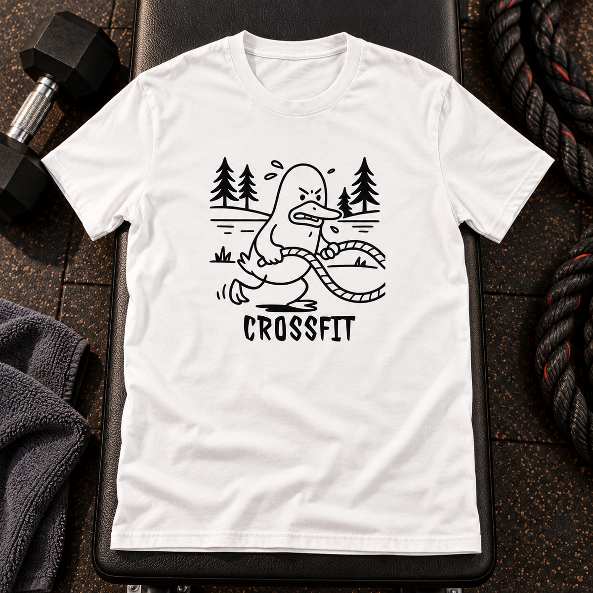 Valkoinen t-paita, jonka printissä ankka treenaa harjoitusköysillä ulkona ja CROSSFIT-teksti. Printin aiheeseen liittyvä tuotekuva ja rekvisiitta.