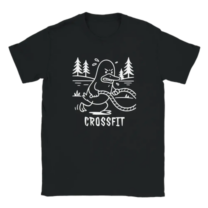 Musta t-paita, jonka printissä ankka treenaa harjoitusköysillä ulkona ja CROSSFIT-teksti.