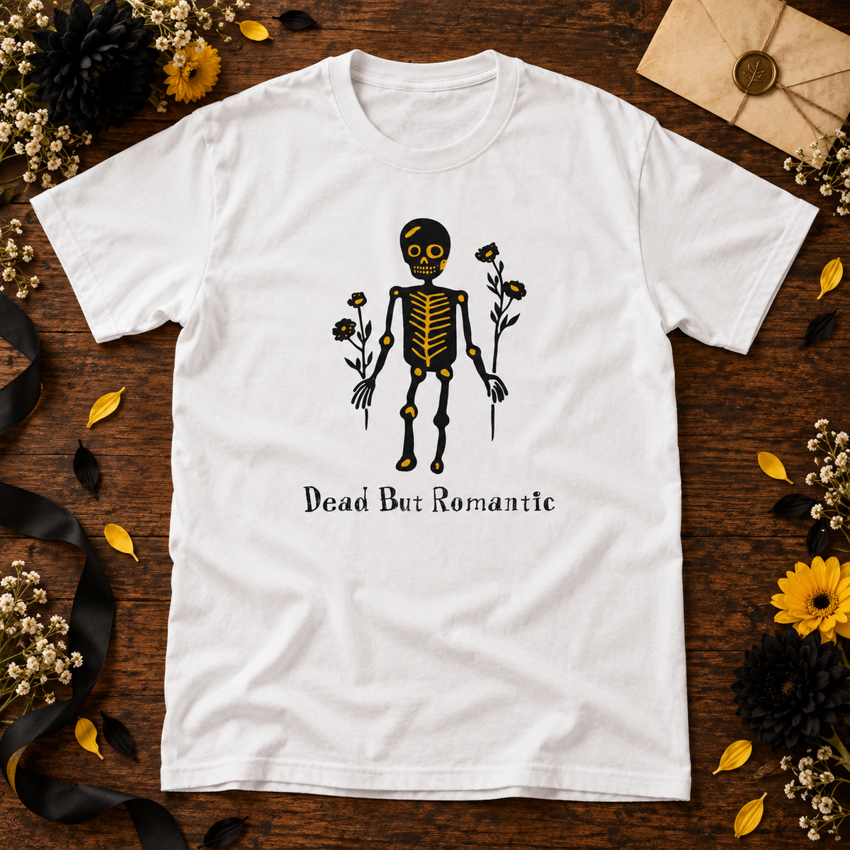 Themed flat-lay photograph of Dead But Romantic - T-paita with accessories related to its printed design.