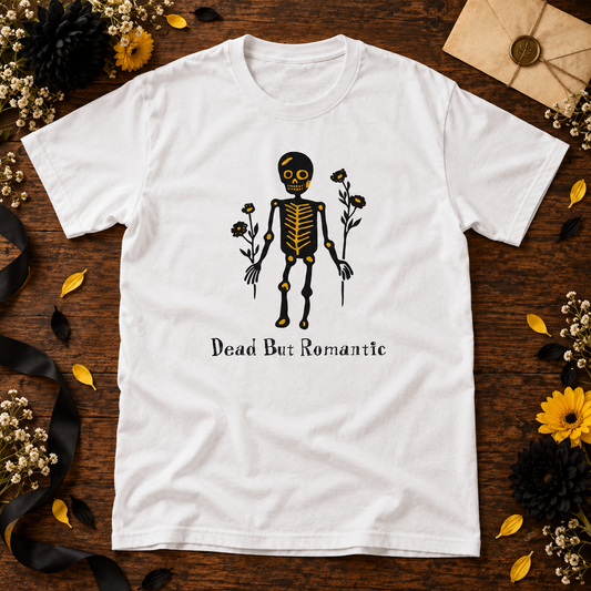 Themed flat-lay photograph of Dead But Romantic - T-paita with accessories related to its printed design.