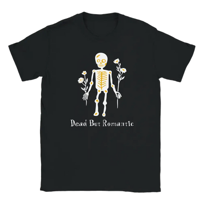 Black T-shirt featuring a skeleton holding flowers.