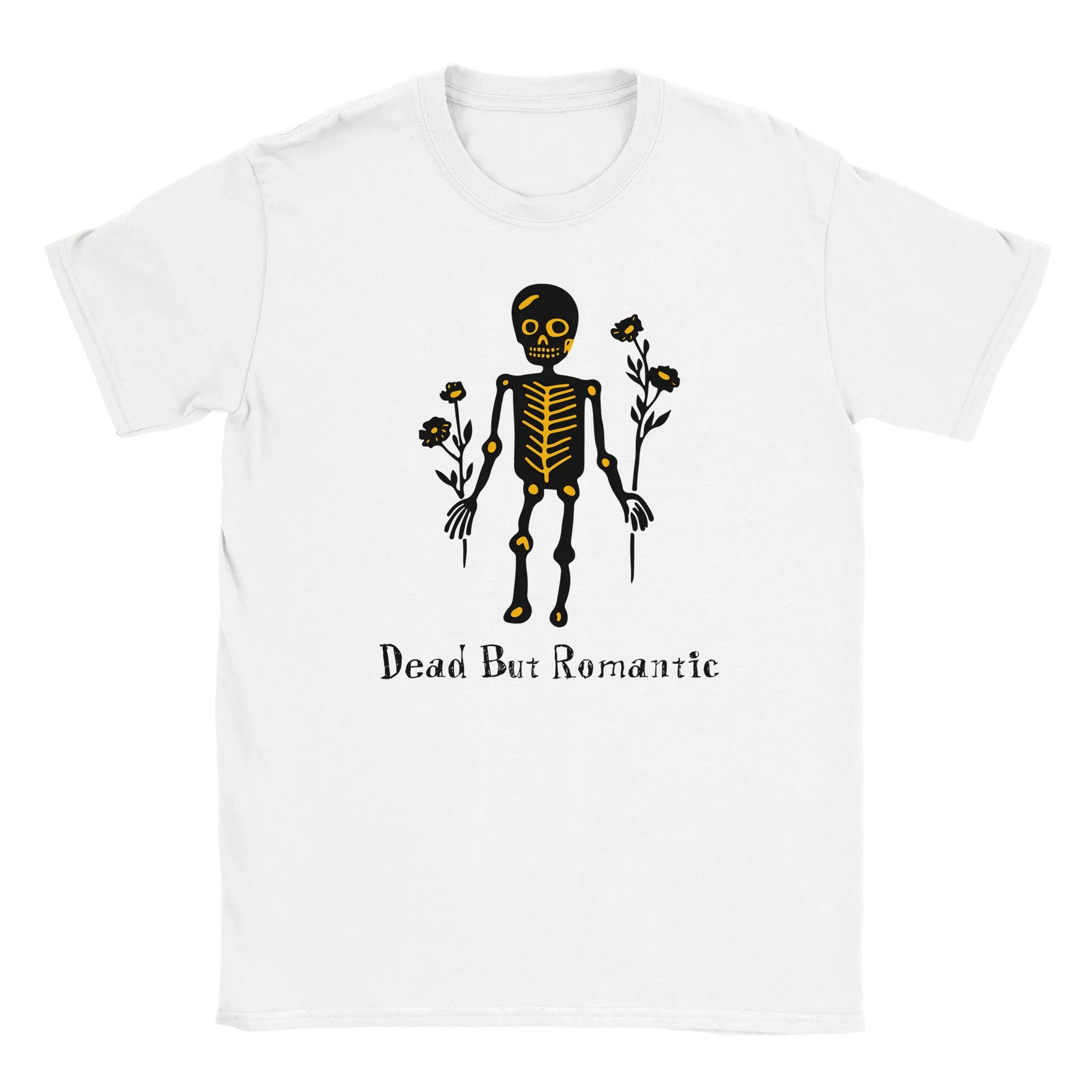 Valkoinen t-paita Skeletonilla ja kukilla graafisena Dead But Romantic - T-paita