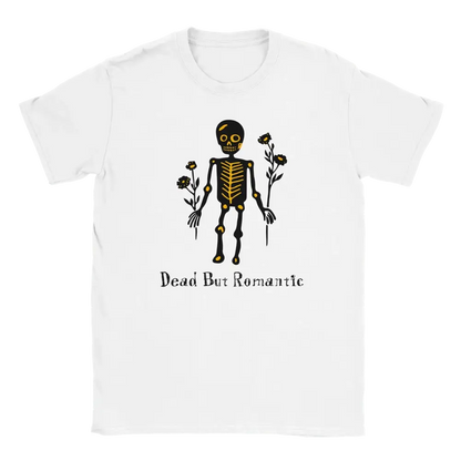 White T-shirt featuring a skeleton holding flowers.
