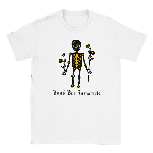 Valkoinen t-paita Skeletonilla ja kukilla graafisena Dead But Romantic - T-paita
