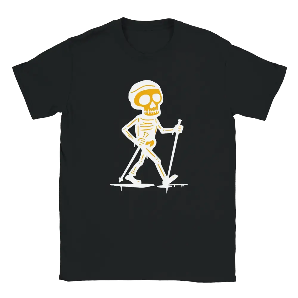 Mustavalkoinen DementiaHiihto T-paita skeletoni cross-country skiing grafiikalla