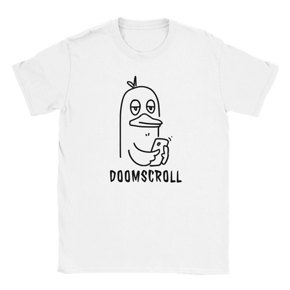 Digilintu T-paita, valkoinen lyhythihainen, musta ankka puhelin ja DOOMSCROLL teksti