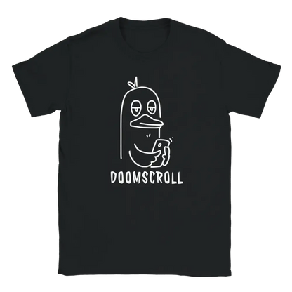Musta lyhythihainen T-paita Digilintu, valkoinen viivapiirros ankasta ja DOOMSCROLL tekstistä