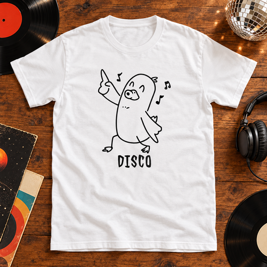 Themed flat-lay photograph of Disco Duck - T-paita with accessories related to its printed design.