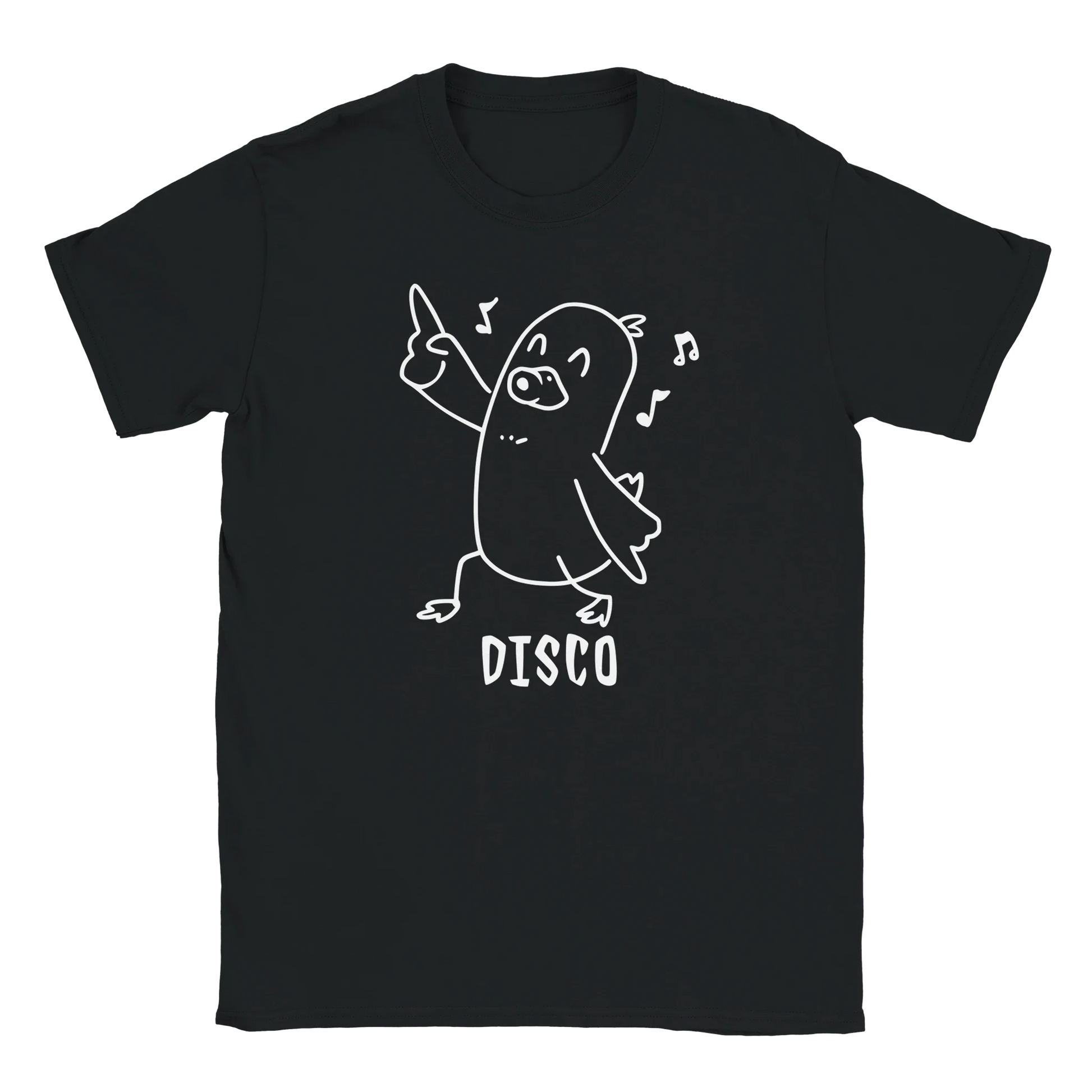 Musta T-paita Disco Duck - T-paita, jossa valkoinen tanssiva sarjakuvahahmo ja musiikkilaput