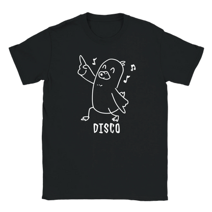 Musta T-paita Disco Duck - T-paita, jossa valkoinen tanssiva sarjakuvahahmo ja musiikkilaput