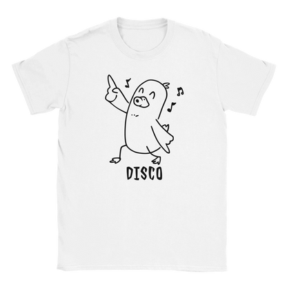 Disco Duck T-paita valkoinen lyhythihainen t-paita karikatyyri ankasta tanssimassa ja musiikkimerkkejä