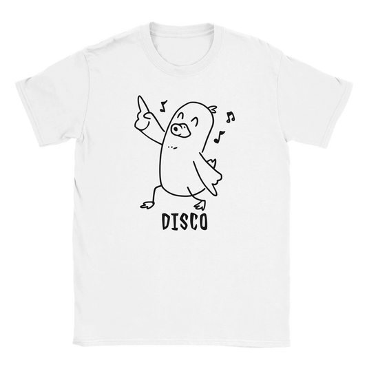 Disco Duck T-paita valkoinen lyhythihainen t-paita karikatyyri ankasta tanssimassa ja musiikkimerkkejä