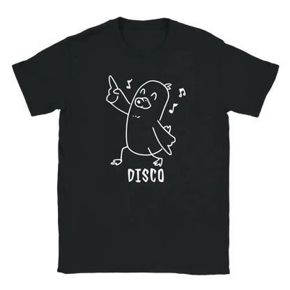 Musta T-paita Disco Duck - T-paita, jossa valkoinen tanssiva sarjakuvahahmo ja musiikkilaput