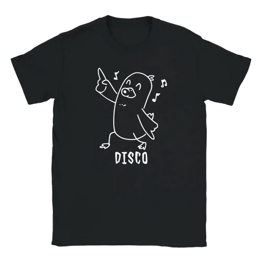 Musta T-paita Disco Duck - T-paita, jossa valkoinen tanssiva sarjakuvahahmo ja musiikkilaput