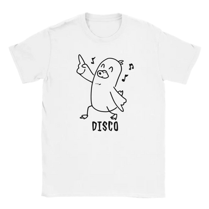 Disco Duck T-paita valkoinen lyhythihainen t-paita karikatyyri ankasta tanssimassa ja musiikkimerkkejä