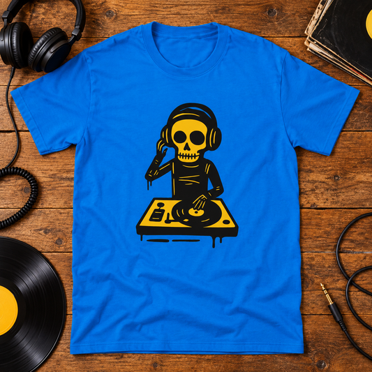 Themed flat-lay photograph of DJ - T-paita with accessories related to its printed design.