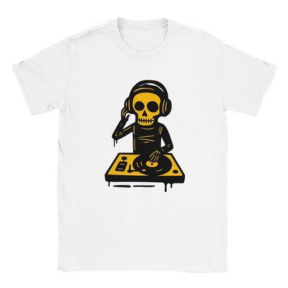 Valkoinen T-paita Skeleton DJ -graafikolla, DJ - T-paita tuotekuva