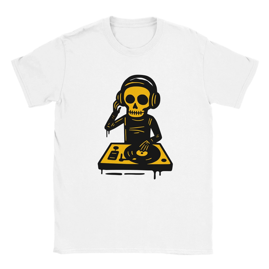 Valkoinen T-paita Skeleton DJ -graafikolla, DJ - T-paita tuotekuva