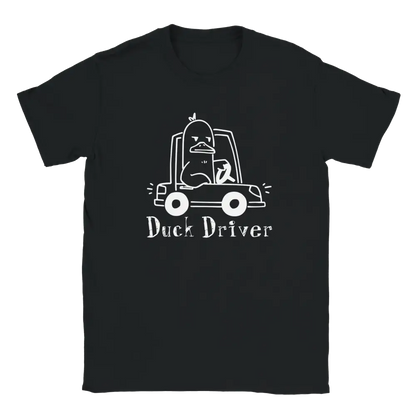 Black T-shirt featuring a duck driving a car beside the words Duck Driver.