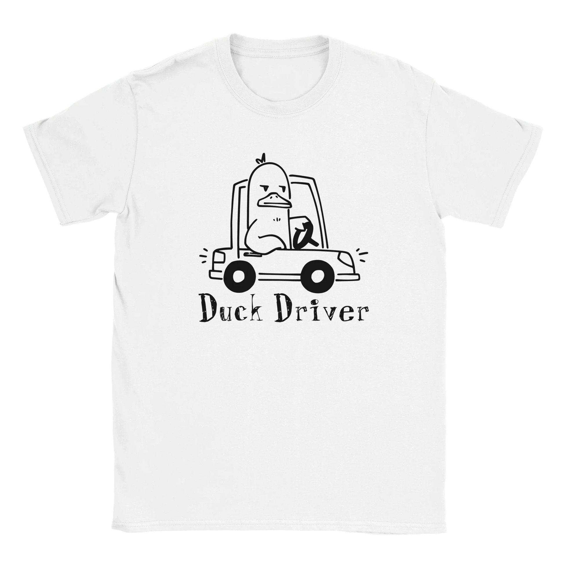 Valkoinen short-sleeve T-paita Duck Driver -kuvalla ja tekstillä Duck Driver