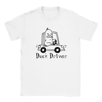 White T-shirt featuring a duck driving a car beside the words Duck Driver.