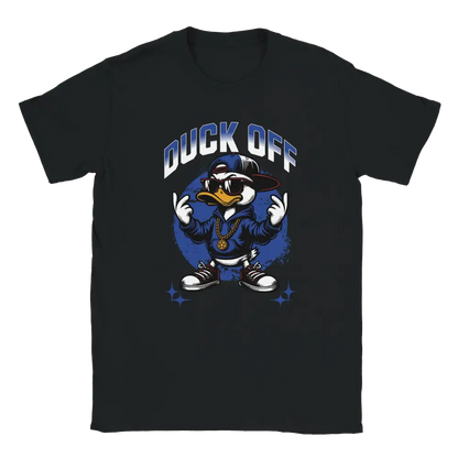 Black T-shirt featuring a duck in sunglasses and chains making middle-finger gestures beside the words Duck Off.