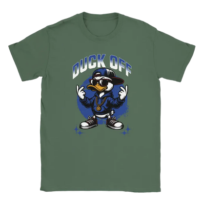 Green T-shirt featuring a duck in sunglasses and chains making middle-finger gestures beside the words Duck Off.