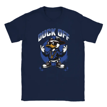 Navy blue T-shirt featuring a duck in sunglasses and chains making middle-finger gestures beside the words Duck Off.