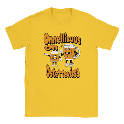 T-shirt featuring two smiling beer characters beside the Finnish words Onnellisuus on ostettavissa.