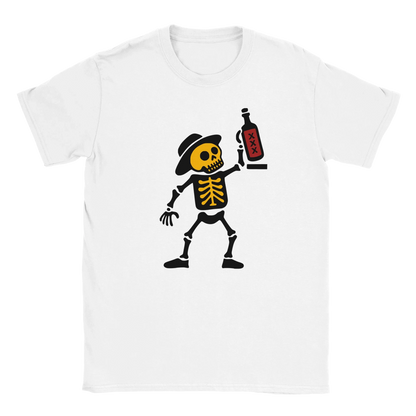 Valkoinen crew-neck t-paita cartoon-luurankolla ja pullolla Ei kyykkypulloja