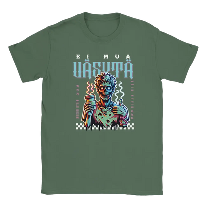 T-shirt featuring a tired zombie holding a coffee cup and giving a thumbs-up.