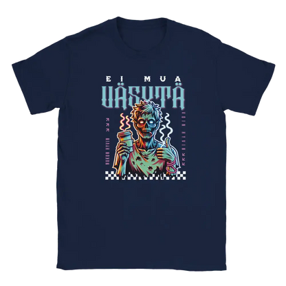 T-shirt featuring a tired zombie holding a coffee cup and giving a thumbs-up.