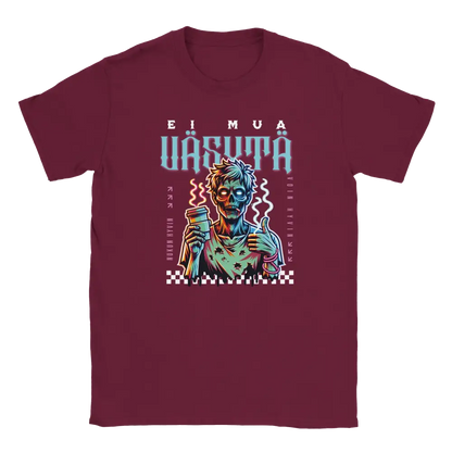 Maroon T-shirt featuring a tired zombie holding a coffee cup and giving a thumbs-up.