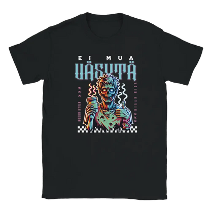Black T-shirt featuring a tired zombie holding a coffee cup and giving a thumbs-up.