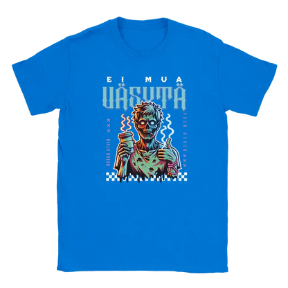 T-shirt featuring a tired zombie holding a coffee cup and giving a thumbs-up.