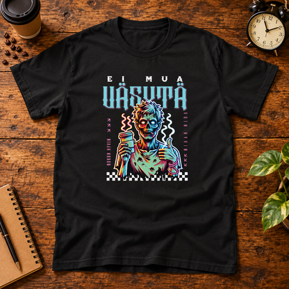 Themed flat-lay photograph of Ei Mua Väsytä - T-paita with accessories related to its printed design.