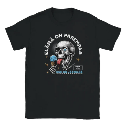 Black T-shirt featuring a skull licking ice cream beside a Finnish phrase about life being better with ice cream.
