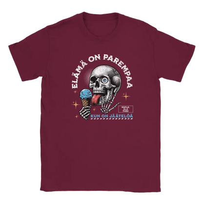 Maroon T-shirt featuring a skull licking ice cream beside a Finnish phrase about life being better with ice cream.