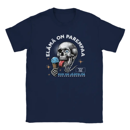 Navy blue T-shirt featuring a skull licking ice cream beside a Finnish phrase about life being better with ice cream.