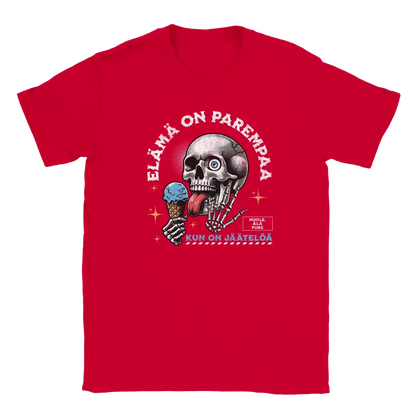 Red T-shirt featuring a skull licking ice cream beside a Finnish phrase about life being better with ice cream.
