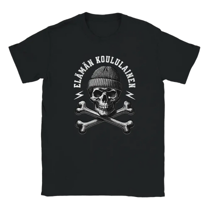 Black T-shirt featuring a skull in sunglasses and a beanie with crossed wrenches.