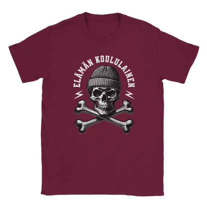 Maroon T-shirt featuring a skull in sunglasses and a beanie with crossed wrenches.