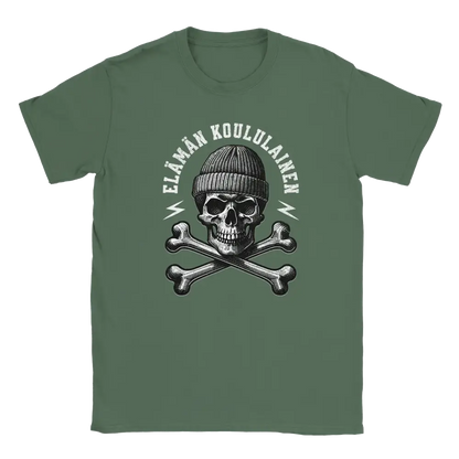 Green T-shirt featuring a skull in sunglasses and a beanie with crossed wrenches.