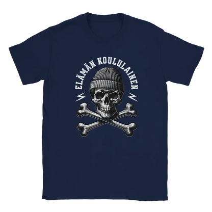 Navy blue T-shirt featuring a skull in sunglasses and a beanie with crossed wrenches.