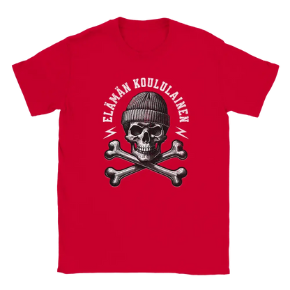 Red T-shirt featuring a skull in sunglasses and a beanie with crossed wrenches.