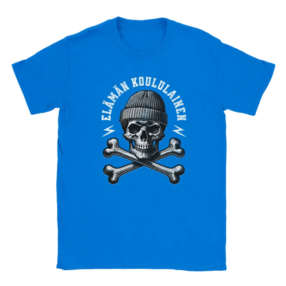 Blue T-shirt featuring a skull in sunglasses and a beanie with crossed wrenches.