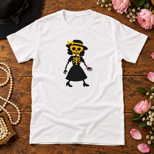 Themed flat-lay photograph of Elegantti - Naisten T-paita with accessories related to its printed design.